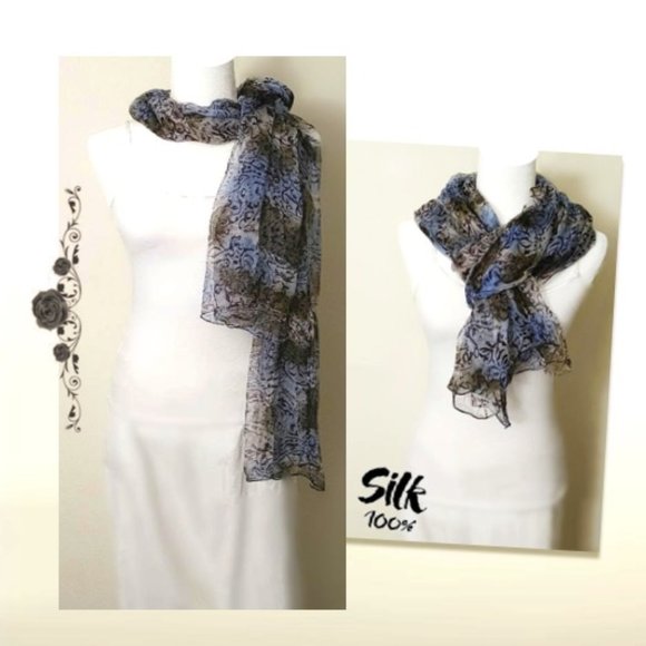 100% Silk Rectangle Long Scarf Sheer Blue Brown Floral Print Soft Lightweight - Picture 2 of 11